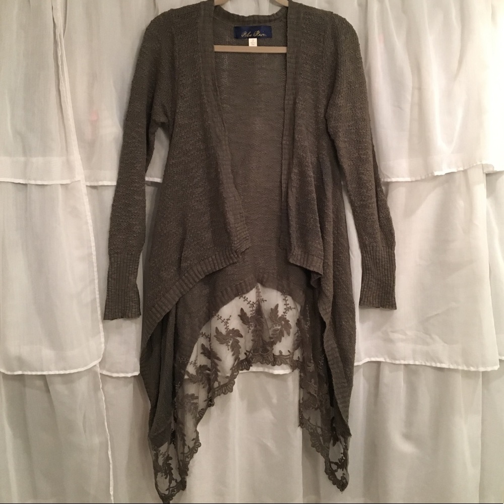 Olive Green Long Open Front Sweater